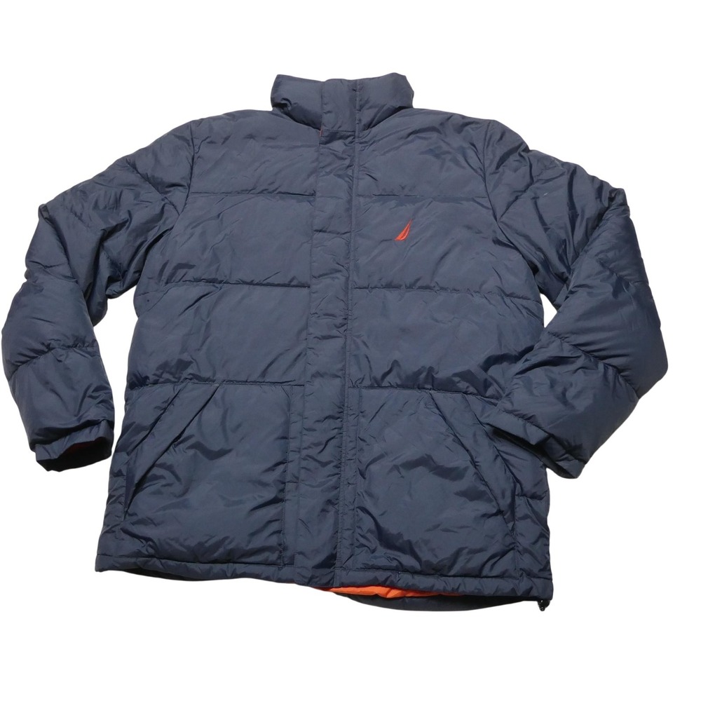 Nautica Jacket Mens XL Blue Down Puffer Full Zip Orange Lined Winter Coat